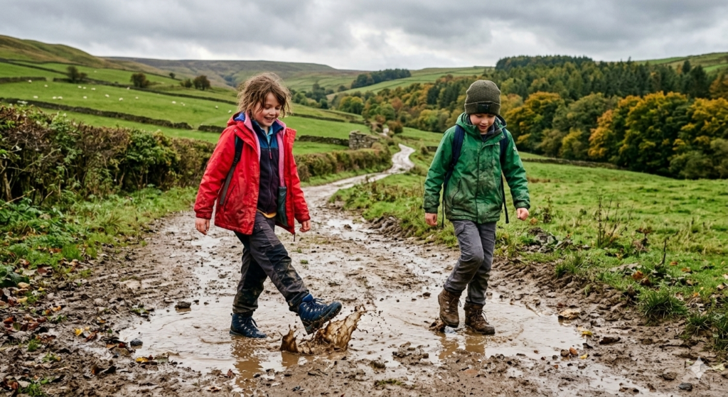 Two kids walking along a muddy countryside path in waterproof walking boots, splashing through shallow puddles with green hills and woodland in the background — showing real UK walking conditions.