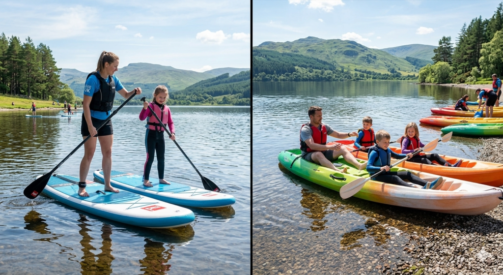 Split comparison image showing beginner paddle boarding on left and beginner kayaking on right on a calm UK lake, bright sunny outdoor setting with green hills and clear water, family friendly outdoor adventure scene, realistic photography style, high detail.

