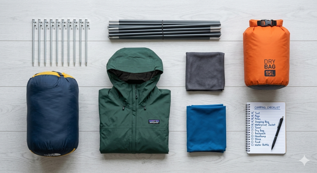 Flat-lay of camping gear laid out neatly: pegs, poles, sleeping bag, waterproof jacket, towel, dry bag, with a simple checklist notebook beside it, clean organised aesthetic, high clarity.

