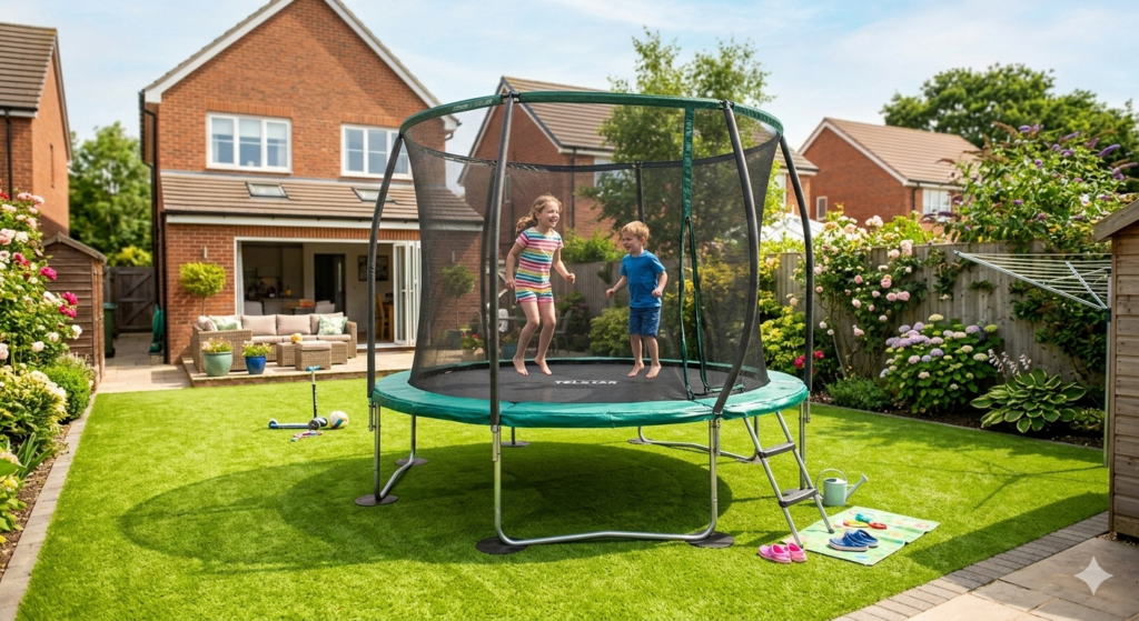 A bright, family garden scene in a typical UK suburban garden with artificial grass and a round trampoline with safety net enclosure. Two children are bouncing inside while sunlight hits the green artificial lawn. The trampoline legs sit on small protective pads on the grass, showing a realistic family outdoor play setup.

