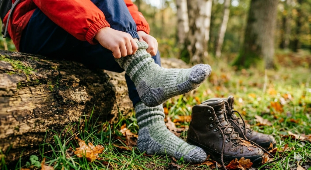 A close-up action shot of a child sitting on a log during a countryside walk, pulling up thick cushioned walking socks before putting on hiking boots. The socks look soft, warm, and breathable with reinforced heel and toe sections. The background shows a blurred UK woodland setting with damp grass and autumn leaves, creating an authentic family hiking atmosphere. The image emphasises comfort, warmth, and protection against blisters during outdoor adventures.


