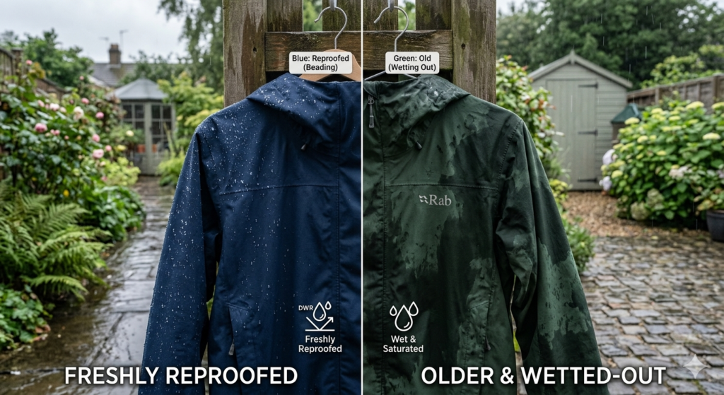A realistic outdoor comparison scene showing two waterproof jackets during light rain. On the left side, rain droplets bead and roll off a freshly reproofed waterproof jacket, with visible water droplets glistening on the surface. On the right side, an older jacket shows the fabric darkened and soaked where water has absorbed into the material. The jackets are hanging outdoors in a typical UK garden setting with soft overcast lighting and light rain falling. The image clearly highlights the difference between proper water repellency and fabric “wetting out,” making the contrast easy to understand.

