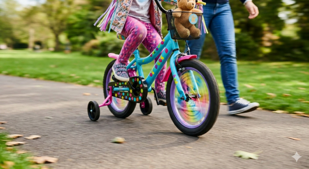 A dynamic close-up shot of a kids bike with stabilisers in motion on a smooth pavement, wheels slightly lifted on one side as the stabilisers kick in. The bike is vibrant and eye-catching, with small details like spinning wheels and a sense of speed. Background slightly blurred to emphasise movement, creating an energetic, confidence-building feel for beginner riders.