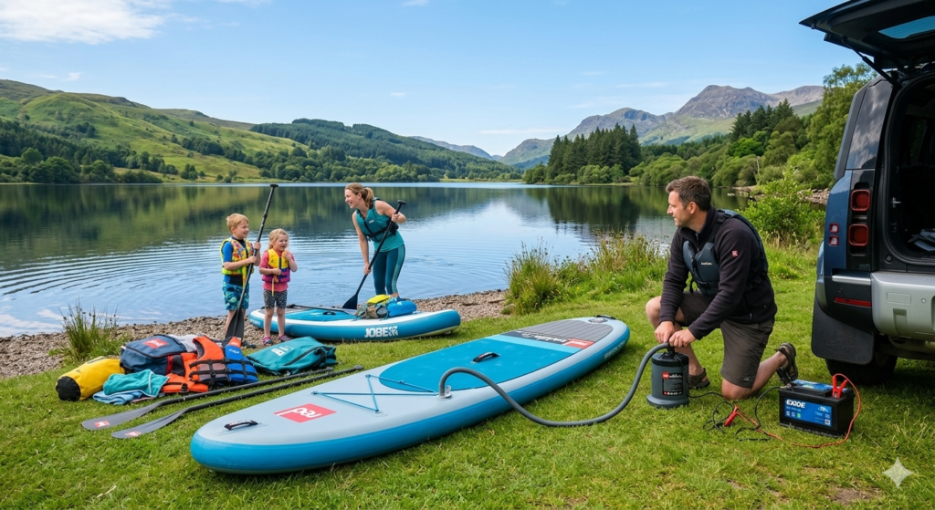A bright summer lakeside scene in the UK with a paddle board being inflated using a compact electric paddle board pump connected to a car battery. The board is partially inflated on grass near the water while a family prepares paddle boards beside a calm lake. Outdoor gear like life jackets and dry bags are visible. Clear sky, green hills in the background, realistic lifestyle photography style, natural lighting, wide landscape composition.

