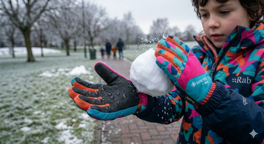 A close-up action shot of a child holding a snowball while wearing thick waterproof winter gloves. The gloves have visible textured grip on the palm and water droplets beading on the fabric surface. The background shows a blurred winter park scene with bare trees and frosty grass, creating a cold outdoor atmosphere. The image highlights the warmth and waterproof protection of winter gloves designed for kids playing outdoors in wet or snowy weather.

