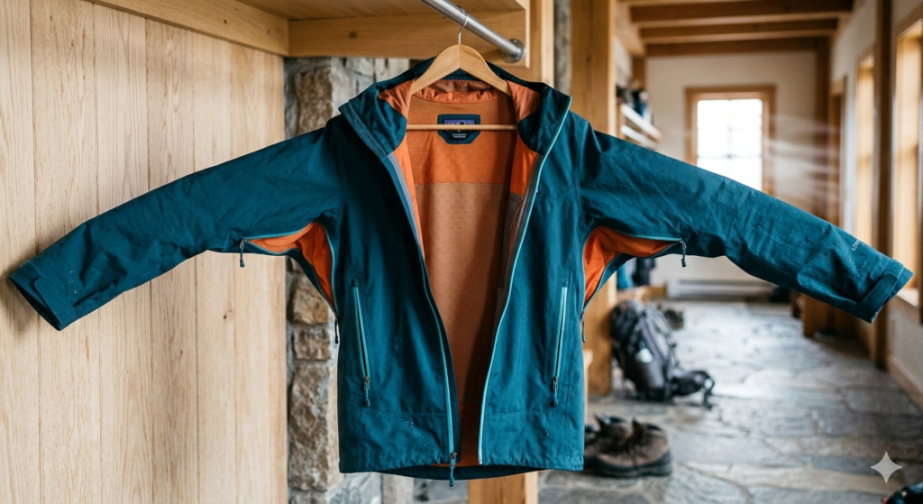 Close-up of a waterproof hiking jacket hanging on a wide hanger in a ventilated hallway with zips open and sleeves spread, showing airflow drying technique.