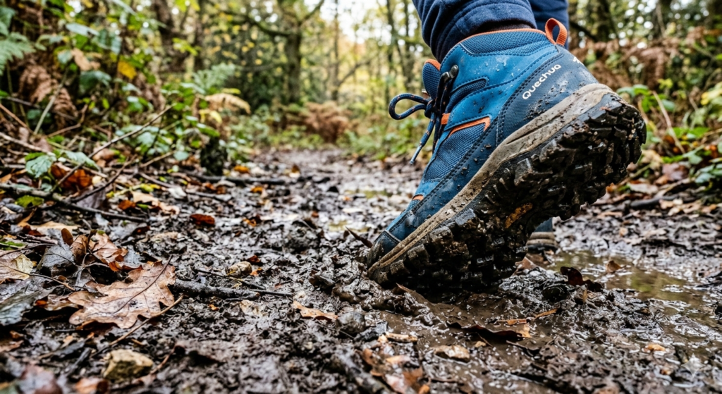 excitingClose-up of kids waterproof walking boots gripping a muddy woodland path, detailed view of deep tread and wet soil, natural UK countryside setting with leaves and small puddles on the trail.

