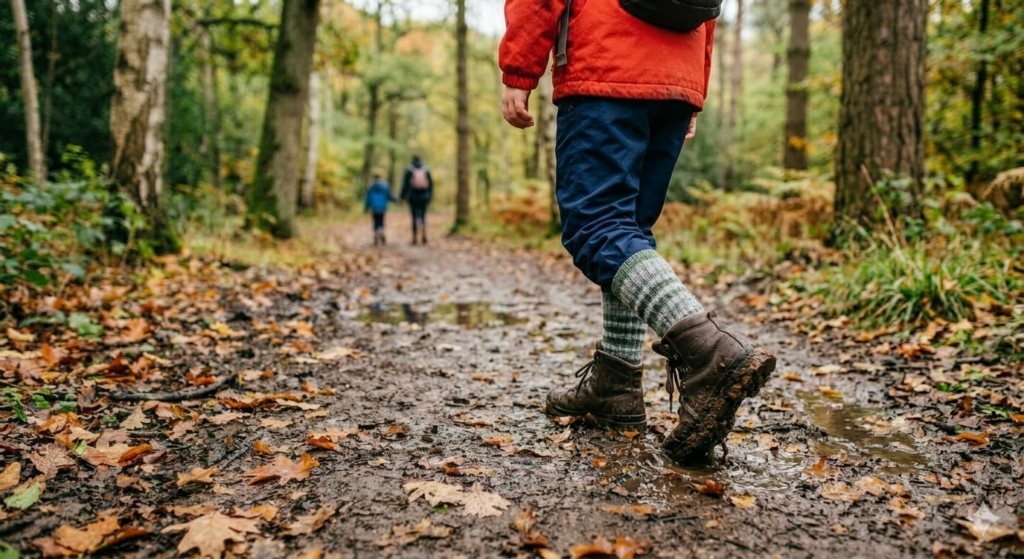 An action shot of a child walking confidently along a muddy woodland trail wearing properly fitted walking boots and cushioned hiking socks. The boots step into soft mud and shallow puddles while gripping the ground securely. The socks are visible above the boot and look thick and supportive. The background shows a damp UK forest path with fallen leaves and wet grass, creating a natural outdoor adventure scene that highlights comfort and blister-free walking during family hikes.

