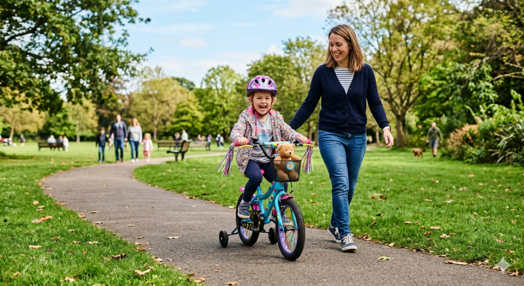 A bright, sunny UK park scene with a young child riding a colourful bike with stabiliser wheels for the first time, smiling confidently while a parent walks nearby. The bike is slightly tilted but supported by the stabilisers, showing that “learning moment” in action. Soft sunlight, green grass, and a safe, family-friendly atmosphere make it feel exciting, positive, and full of progress.