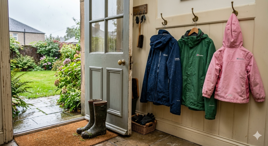 A cheerful but realistic UK outdoor scene showing a few waterproof jackets hanging on hooks near a doorway after being cleaned and reproofed. Outside the door it is lightly raining, with wet garden grass and grey skies typical of UK weather. The jackets look fresh, with visible water droplets beading on the fabric. A pair of muddy wellies sits nearby, hinting at family walks or outdoor adventures. The image conveys preparedness for rainy British weather and well-maintained outdoor gear.

