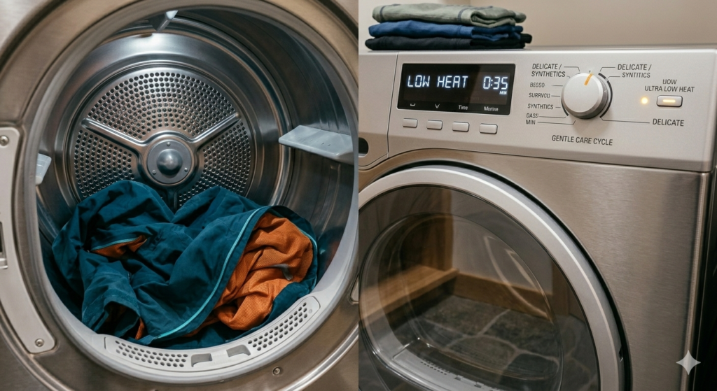 Outdoor waterproof jacket placed inside a tumble dryer with low heat setting visible on the control panel, demonstrating careful gear drying.