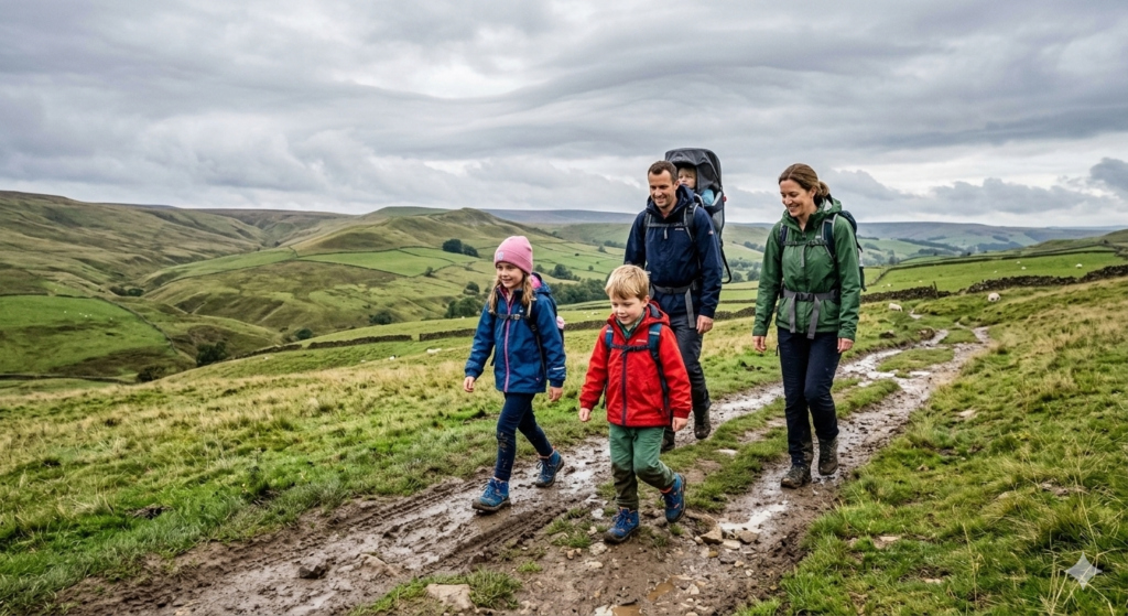 A family walking along a countryside trail in the UK with two children wearing waterproof hiking boots, grassy hills and cloudy skies in the background, realistic family outdoor adventure scene.exciting

