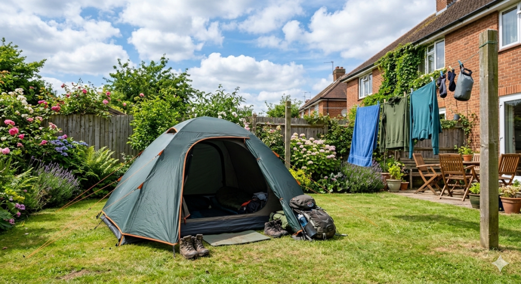 A tent pitched in a sunny UK back garden with the door open, flysheet pulled tight, gear hanging on a washing line nearby, fresh breezy afternoon feel, crisp bright high-quality photography.