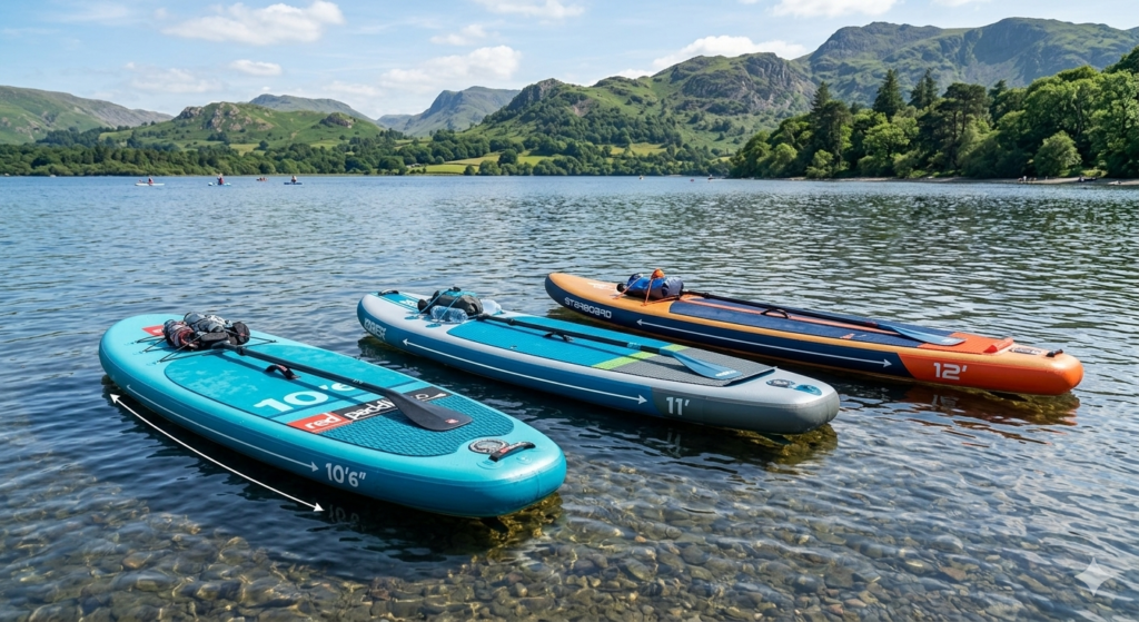 Three paddle boards of different sizes floating on calm clear water at a UK lake with green hills in the background, boards labelled 10'6", 11', and 12' with subtle measurement arrows showing length, bright summer light, beginner paddle boarding scene, realistic outdoor photography style.


