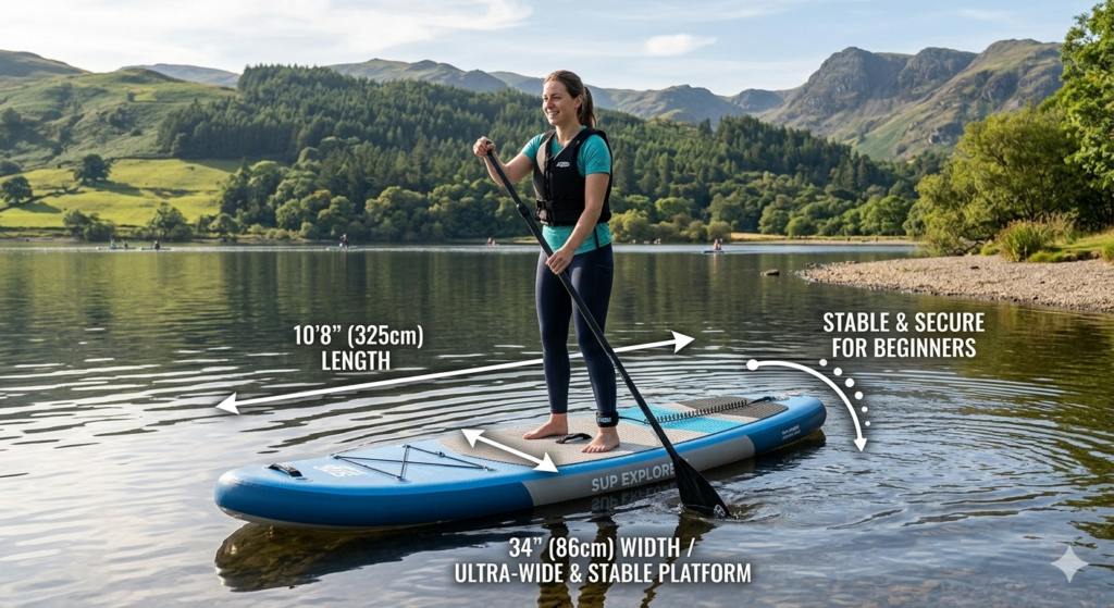 Beginner paddle boarder standing on a wide stable paddle board on calm UK lake water, sunlight reflections on the water, subtle infographic style markers highlighting board width length and stability, peaceful outdoor scenery with hills and trees, realistic photography style.

