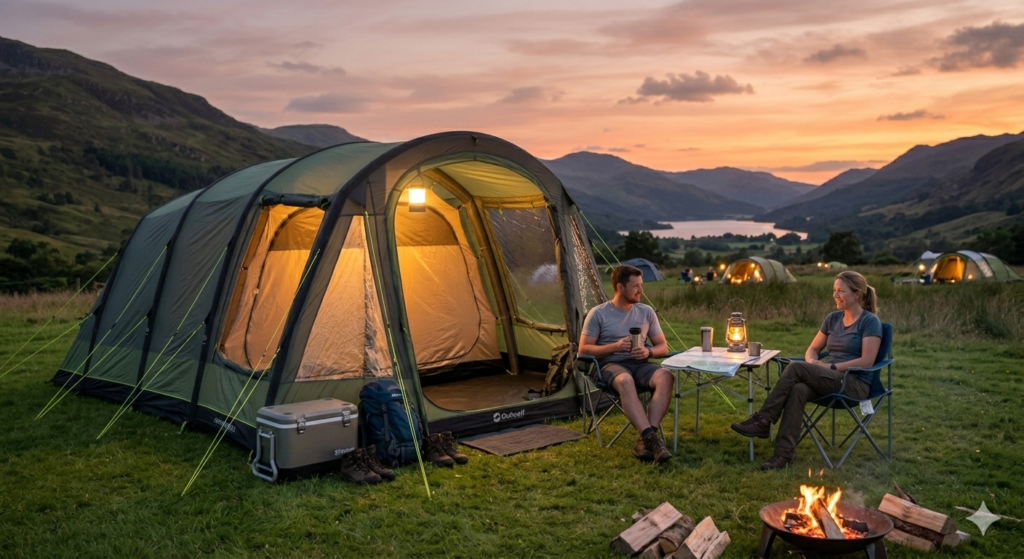 A cozy evening campsite scene with a large family tent glowing warmly from inside with a camping lantern, camping chairs outside and a relaxed sunset atmosphere. The tent looks comfortable and inviting after a day outdoors.