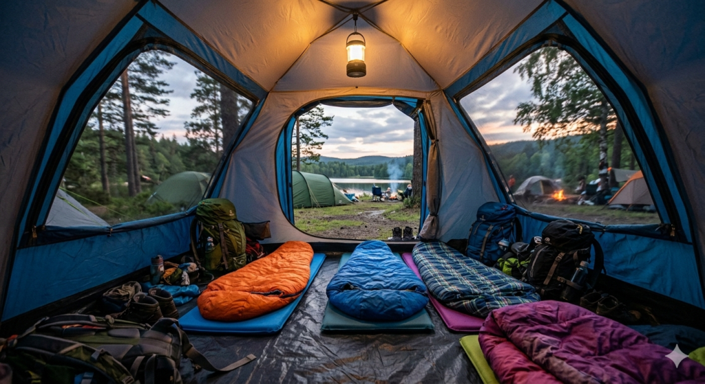 View from inside a family tent looking out toward the open entrance. Sleeping mats and sleeping bags are laid neatly across the floor with backpacks tucked along the sides. A small lantern hangs from the roof of the tent, casting a warm glow across the interior while evening light filters through the doorway and the surrounding campsite is visible outside.

