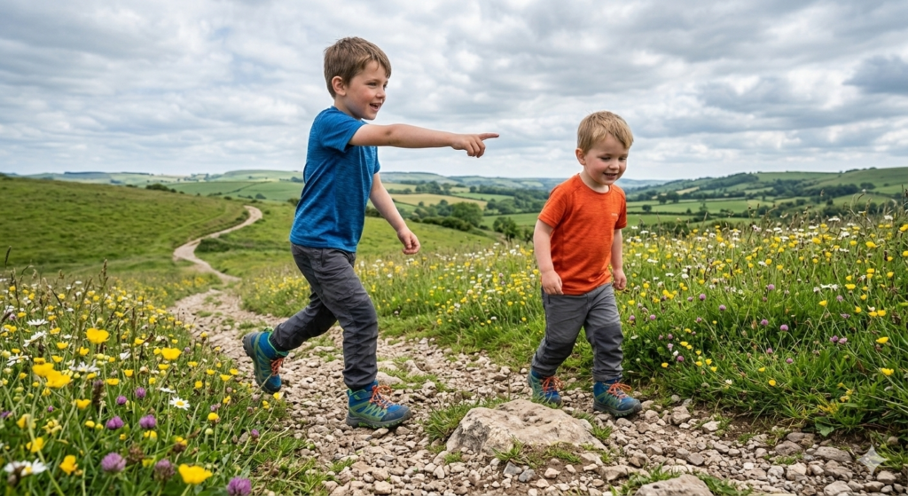 Two children walking confidently along a winding countryside trail wearing lightweight hiking boots, rolling green hills and cloudy UK skies in the background, with one child slightly ahead exploring the path. excitign