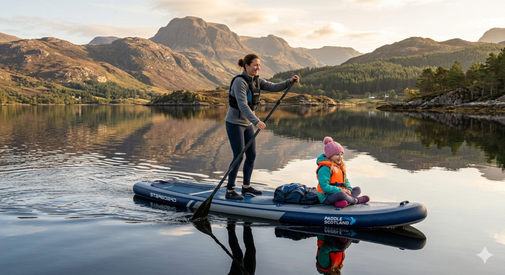 An adult and a child standing on an inflatable paddle board together on a calm Scottish sea loch, hills reflected in the still water, golden morning light. The adult is paddling, the child is sitting or kneeling at the front. The board is wide and stable looking. The feeling should be peaceful and adventurous at the same time — the kind of image that makes someone look at it and think "I want to do that."

