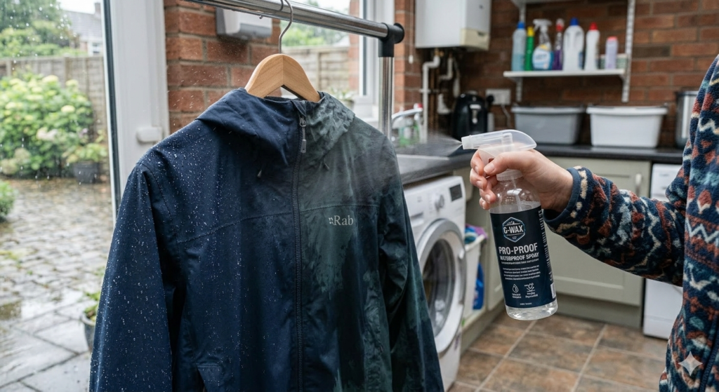 A close-up scene of someone carefully applying waterproof spray treatment to a damp outdoor jacket hanging on a hanger. The spray bottle is mid-mist, coating the fabric evenly. The jacket is a typical UK waterproof hiking jacket with a hood and taped seams. The setting is a practical home environment such as a garden patio or utility room. Water droplets and spray mist are visible in the air, showing the reproofing process clearly. The image feels practical, hands-on, and realistic for families maintaining outdoor clothing.

