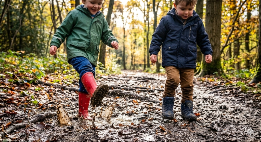 Two children walking along a muddy countryside path — one wearing wellies splashing through puddles, the other wearing walking boots stepping carefully over muddy ground.