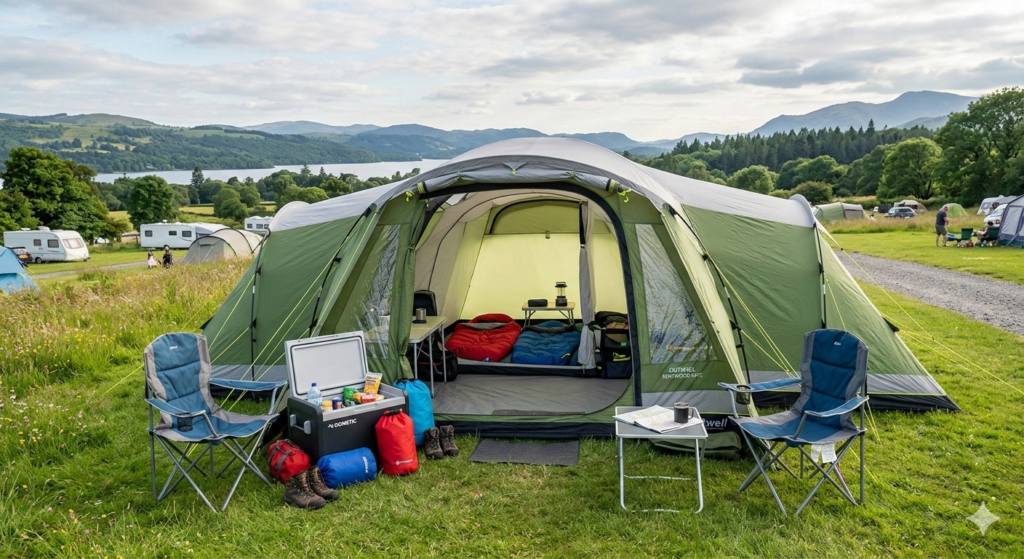 A large modern family tent pitched on a campsite with the front door open, showing a spacious living area with standing headroom. Camping chairs, cool boxes and bags sit outside the entrance to demonstrate real family camping space.