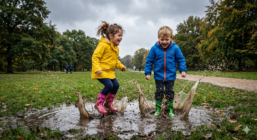 A lively outdoor scene showing two young children wearing bright colourful wellies jumping into a large muddy puddle in a grassy UK park. Water splashes dramatically into the air as their boots hit the puddle. The children are wearing waterproof jackets and laughing, with grey rainy skies and wet grass around them. The image captures the fun of puddle jumping and clearly shows sturdy waterproof wellington boots in action during typical British weather.

