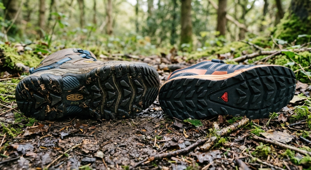 Close-up of the sole of a kids walking boot next to the sole of a trail shoe, placed on damp woodland ground. Show:

deeper tread on boot

lighter, flexible tread on trail shoe

Natural lighting, outdoor setting — not studio product photo.