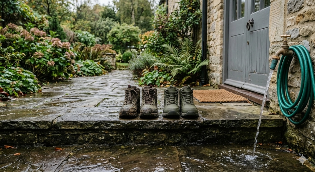 Two pairs of small children's waterproof walking boots lined up neatly outside a back door or on a stone doorstep, one pair visibly muddy and one pair clean. A garden hose or outdoor tap is visible to one side with water running. The setting looks like a rural or semi-rural UK home — grey stone step, wet paving, green garden visible behind. Overcast natural light. Realistic photography style, no people, no text in image.

