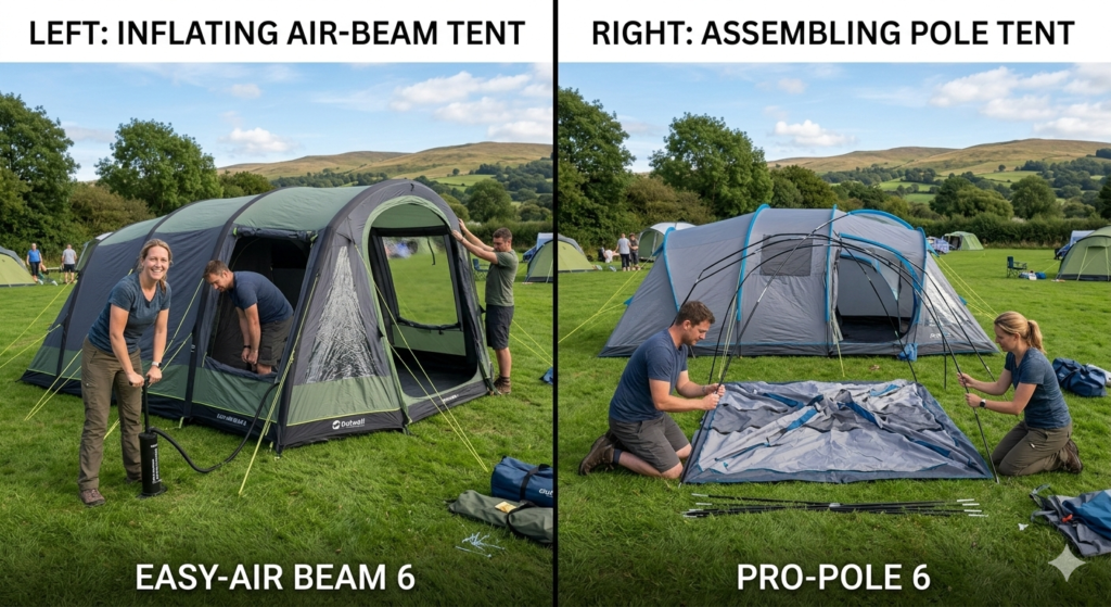 A side-by-side comparison scene showing one inflatable air-beam family tent being pumped up while another traditional pole tent is being assembled with fibreglass poles. The image highlights the difference in pitching styles.
