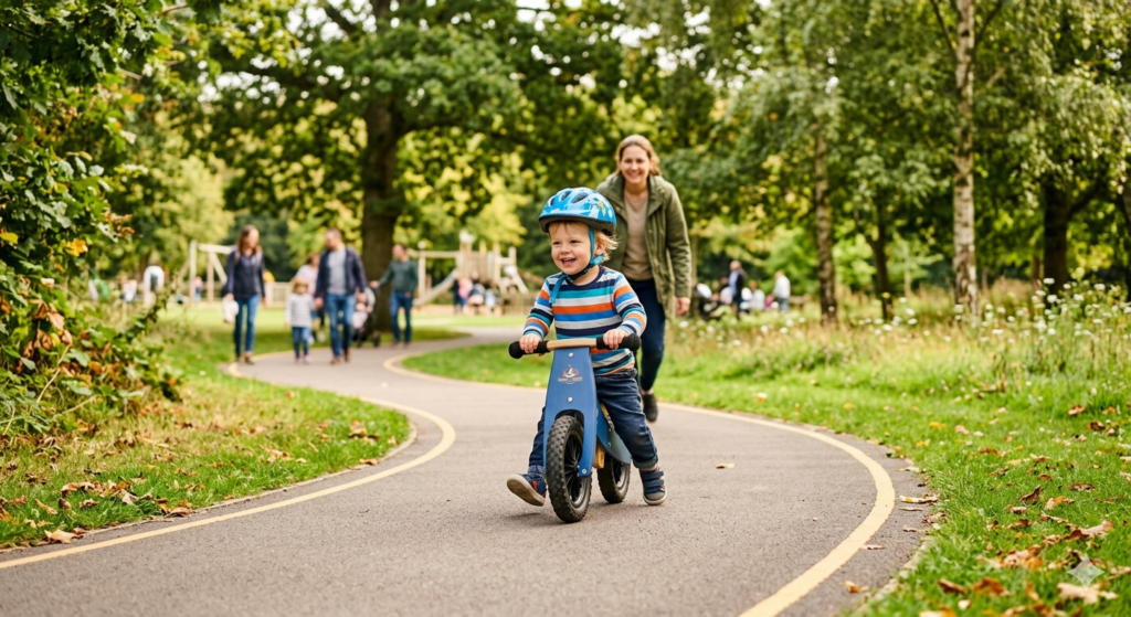 A bright outdoor park scene in the UK with a happy toddler riding a small balance bike on a smooth path. The child is smiling and confidently pushing along with their feet, with soft sunlight and greenery in the background. The scene feels safe, family-friendly, and beginner-focused, with a sense of movement and fun.