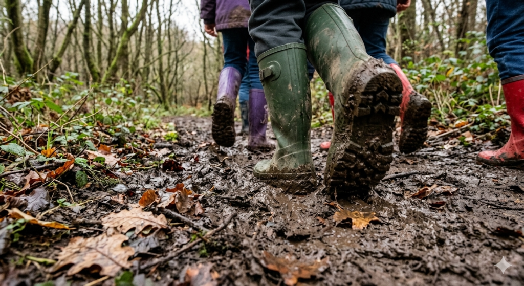 A close-up action shot of children’s wellington boots walking through thick mud on a woodland path. The boots are coated with wet mud and gripping the soft ground, showing deep tread patterns on the soles. Fallen leaves, damp soil, and mossy trees surround the path, creating a classic British countryside setting. The image highlights durability, grip, and waterproof protection during outdoor adventures.

