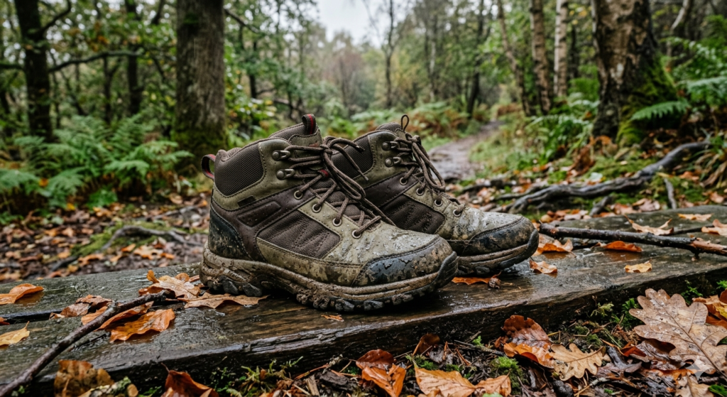 A pair of mud-splattered children's waterproof walking boots sitting on a wet wooden surface outdoors, surrounded by autumn leaves and damp ground. The boots are mid-height, lace-up style in a muted earthy colour — olive green, dark grey, or tan. Water is beading on the surface of the boot upper. Background is soft-focus Scottish woodland or forest path with green ferns and wet tree roots visible. Natural overcast lighting, no sunshine. Realistic photography style, no people.

