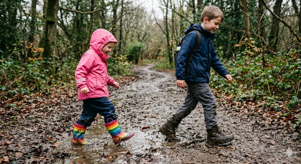 An action shot of two children walking along a muddy woodland trail in the UK, one child wearing bright waterproof wellies and the other wearing waterproof walking boots. The ground is wet with puddles and fallen leaves, and the boots press into soft mud as they walk. The image highlights how both types of footwear perform in real outdoor conditions during a family walk, with grey skies and damp woodland creating a realistic British countryside atmosphere.

