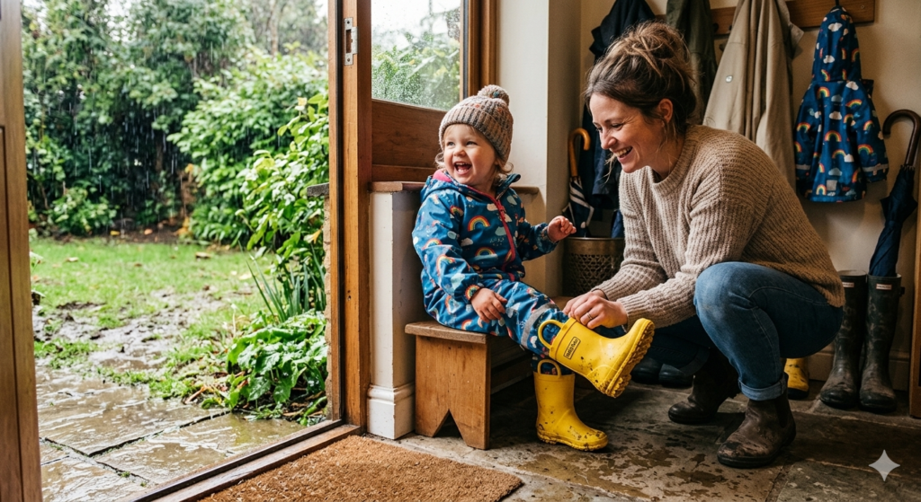 A warm family moment showing a parent crouching down by a front door helping a toddler pull on bright waterproof wellies before heading outside. The boots have easy pull handles designed for toddlers. A rainy garden and muddy grass are visible outside through the open doorway. The toddler looks excited to go outside, highlighting how easy-on wellies help children get ready for outdoor adventures in wet UK weather.


