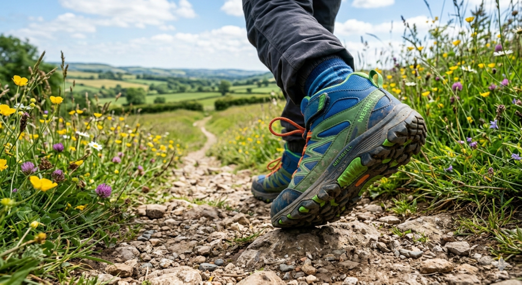 Close-up shot of lightweight kids walking boots stepping onto a rocky countryside path, showing flexible soles gripping the uneven ground, with grass and small wildflowers around the trail in a bright summer countryside setting. excitign