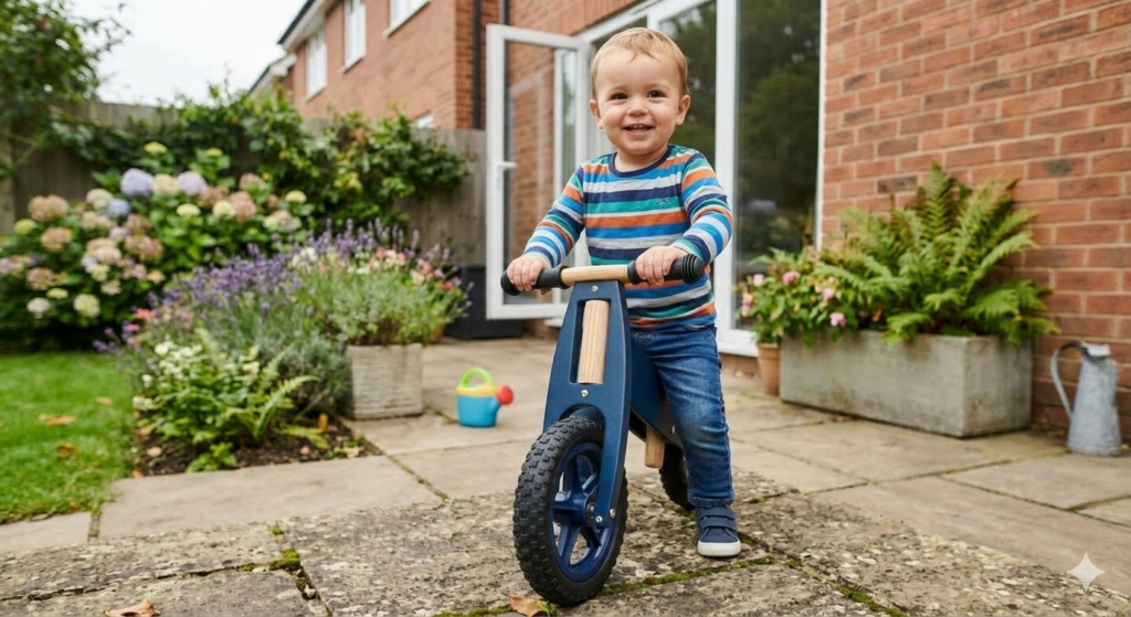 A close-up, detailed shot of a lightweight toddler balance bike on a garden patio, with small hands gripping the handlebars. The bike looks sturdy and well-designed, with soft colours and a clean, modern UK home setting. Slight depth-of-field blur in the background to make the bike stand out as the main focus.