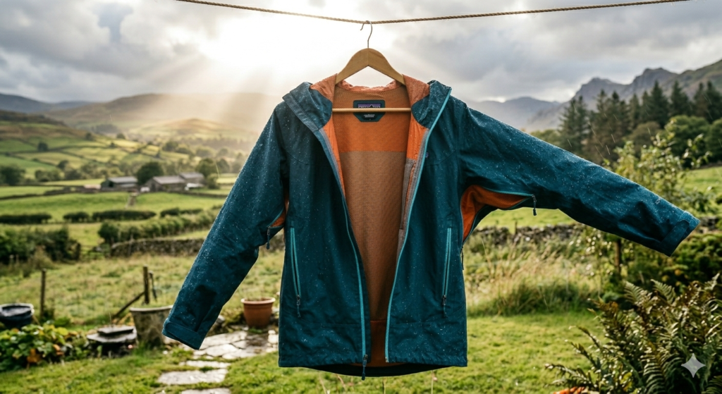 Wet hiking jacket hanging from a garden line with raindrops on the fabric, countryside background with sunlight breaking through clouds.