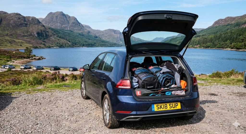 A family hatchback boot open on a lochside gravel car park, two rolled inflatable paddle board bags visible inside alongside wetsuits and paddles, the loch and Scottish hills visible in the background on a clear morning. The image should feel like the start of a day out — practical and real, not a glossy product shoot. No people needed, just the kit and the scenery.


