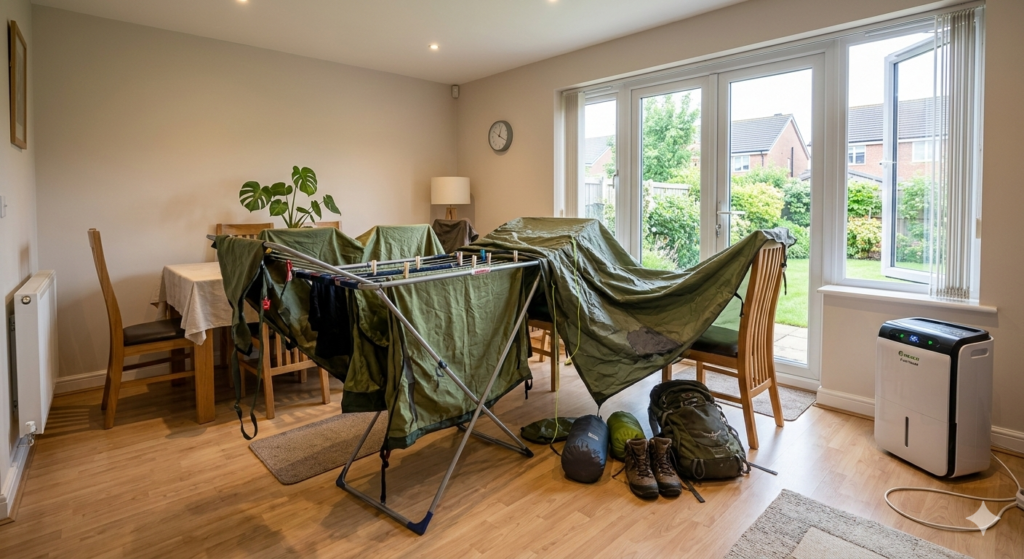 A practical indoor drying scene: tent fabric draped across chairs and an airer, window slightly open, a dehumidifier running in the corner, clean modern UK home setting, warm lighting, “smart solution” feel.