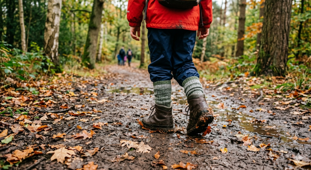 A lively outdoor scene showing a child walking along a muddy woodland trail wearing hiking boots with thick cushioned walking socks visible above the boot collar. The ground is damp with puddles and fallen leaves, typical of a UK countryside path after rain. The socks look warm and comfortable, slightly textured like hiking socks, with moisture on the boots and mud on the trail. The image captures the feeling of a real family walk in British weather, highlighting comfort, warmth, and practical outdoor gear.

