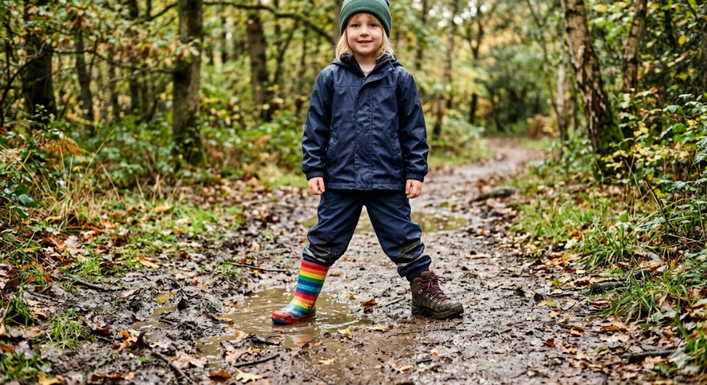 A clear comparison scene showing a child standing on a muddy countryside path with one foot wearing a colourful pair of rubber wellies and the other wearing a sturdy waterproof hiking boot. The ground is wet with puddles and mud, typical of a UK woodland trail after rain. The boots are slightly muddy to show real outdoor use. Fallen leaves and damp grass surround the path, helping illustrate the difference between lightweight puddle-jumping wellies and supportive waterproof walking boots used for family hikes.

