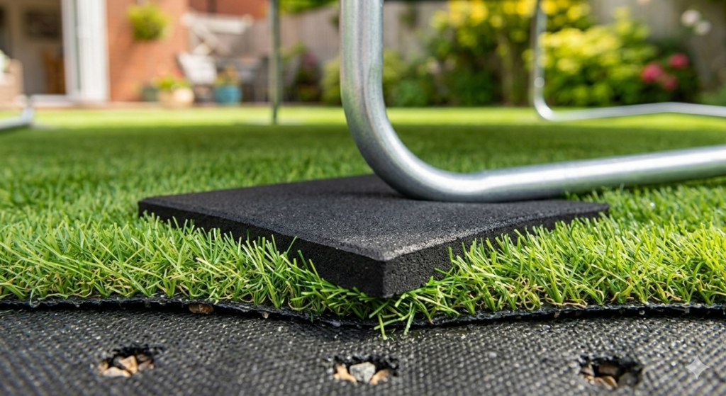 Close-up image showing a trampoline leg sitting on a rubber mat pad on artificial grass. The grass fibres and drainage holes in the backing are visible, demonstrating how the mat spreads the weight and protects the lawn underneath.

