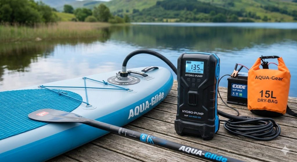 Close-up realistic image of a modern electric paddle board pump inflating a stand-up paddle board on a wooden dock beside a peaceful UK lake. The pump display shows PSI rising while the hose connects to the paddle board valve. Paddle board paddle and dry bag placed nearby. Bright natural lighting, crisp outdoor detail, lifestyle gear photography style, shallow depth of field focusing on the pump.

