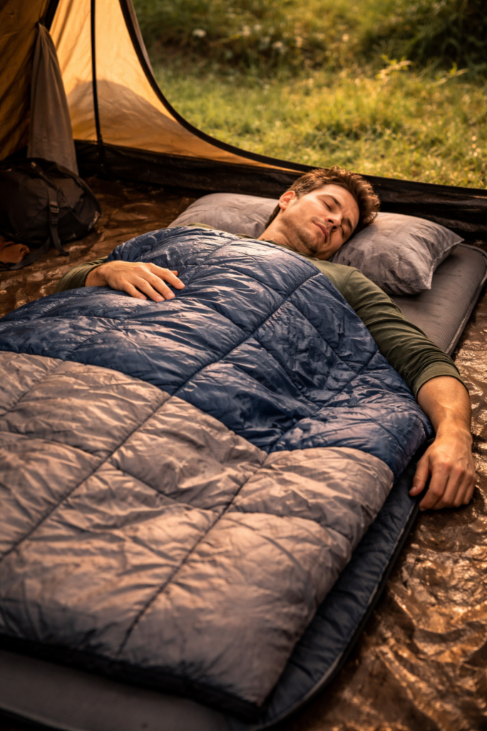Adult lying under a camping quilt on a sleeping mat inside a tent showing the open comfortable sleep setup