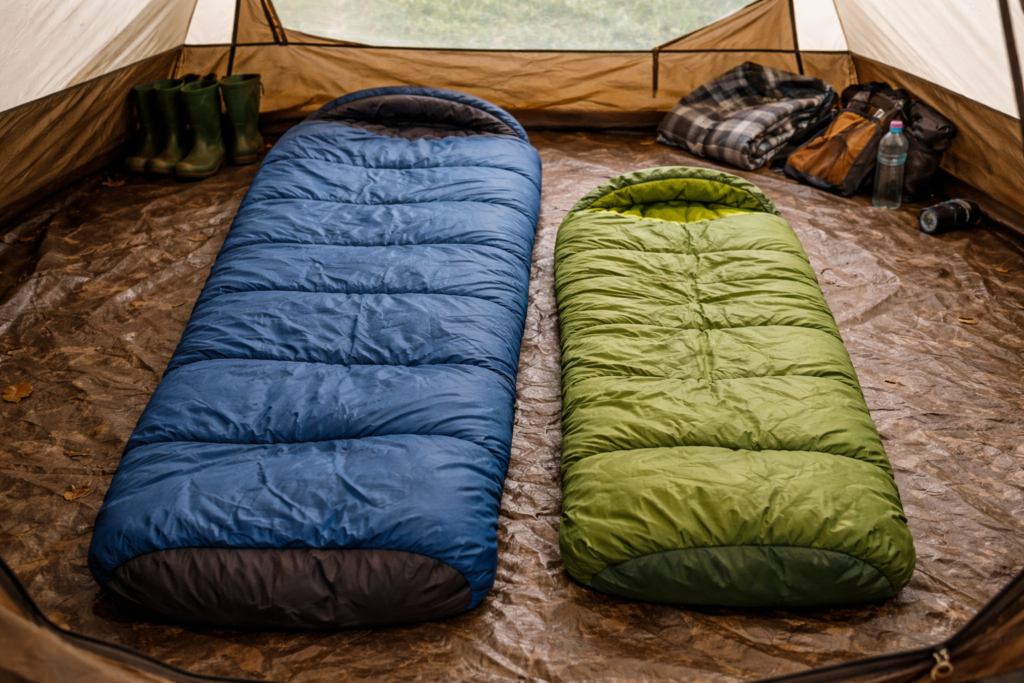 Adult sleeping bag compared to correctly sized junior sleeping bag laid flat inside a family camping tent