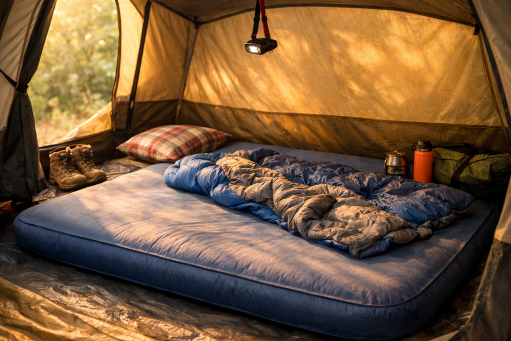 Thick double self-inflating camping mat laid out inside a family tent with sleeping bag and warm morning light
