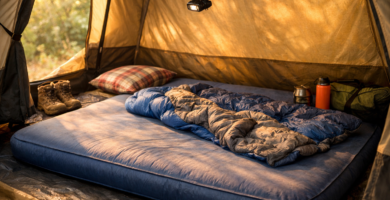 Thick double self-inflating camping mat laid out inside a family tent with sleeping bag and warm morning light