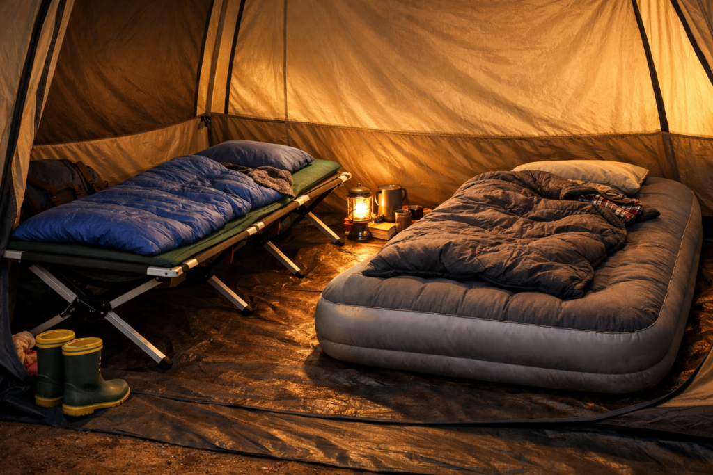 Camping bed with sleeping mat and air mattress set up side by side inside a family tent with warm lantern light