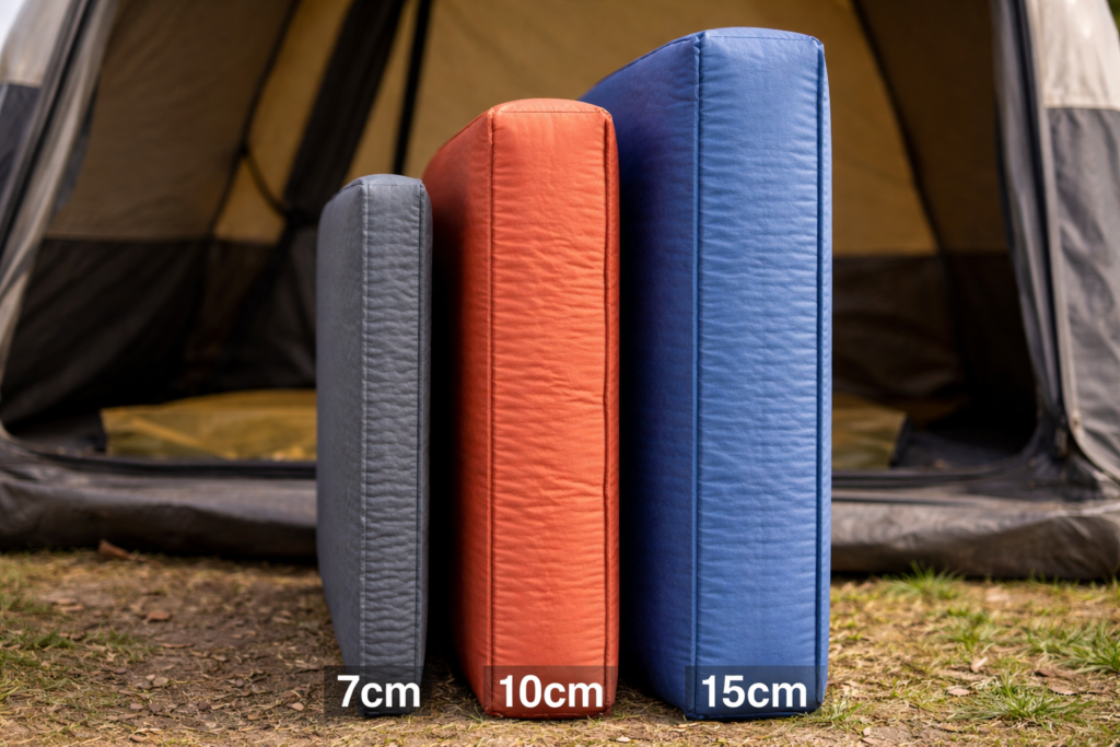 Three camping mats showing thickness comparison from 7cm to 10cm to 15cm self-inflating mats side by side